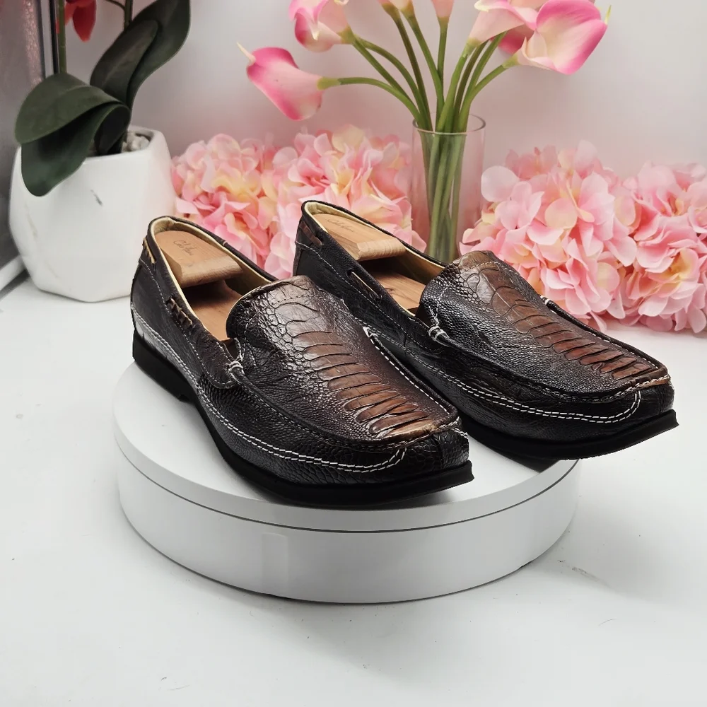 Men’s Ostrich Leather Slip-On Loafers – Size 12 – Brown – Veal Leather Lining